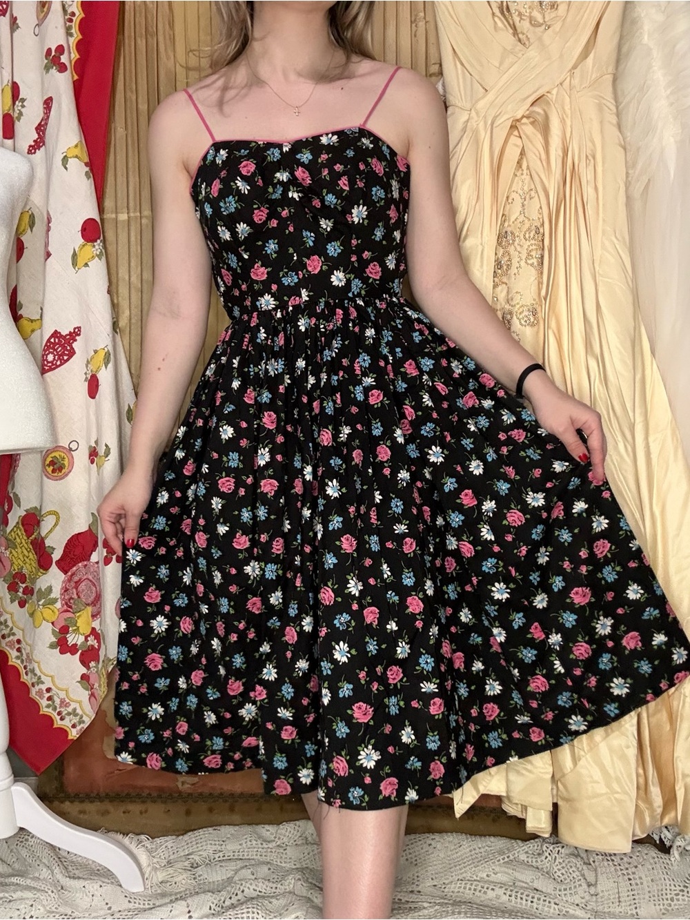 Vintage 1950’s Cotton Black Floral Fit-and-Flare Midi Dress with Pink Straps